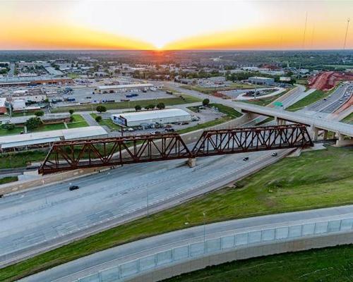 Aerial view of I-235 Broadway Extension Corridoe Widening and I-44 Exchange