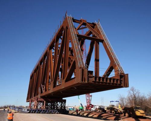 Steel railroad bridge truss prior to installation