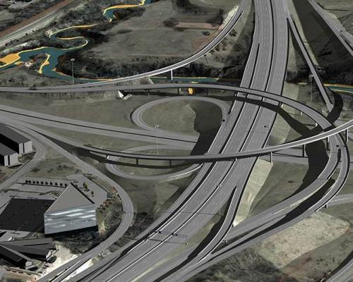 Aerial rendering of I-235 Broadway Extension Corridoe Widening and I-44 Exchange